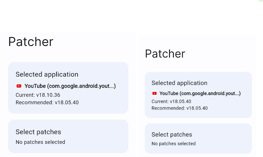 Patcher with an unsupported version and support version of Youtube
