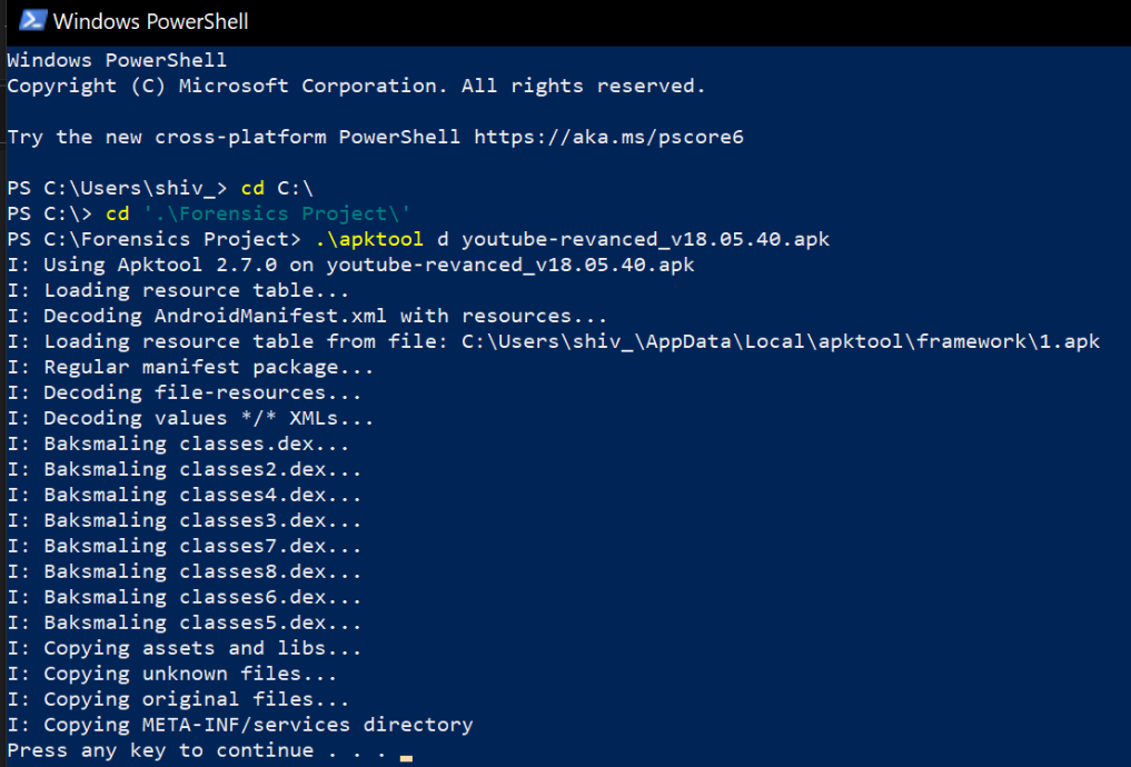 Successful Output of APKTool Decrypting Youtube ReVanced